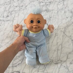 Vintage Russ Troll Baby Doll Vinyl Head Soft Body Blue Hair Eyes Footed Pajamas